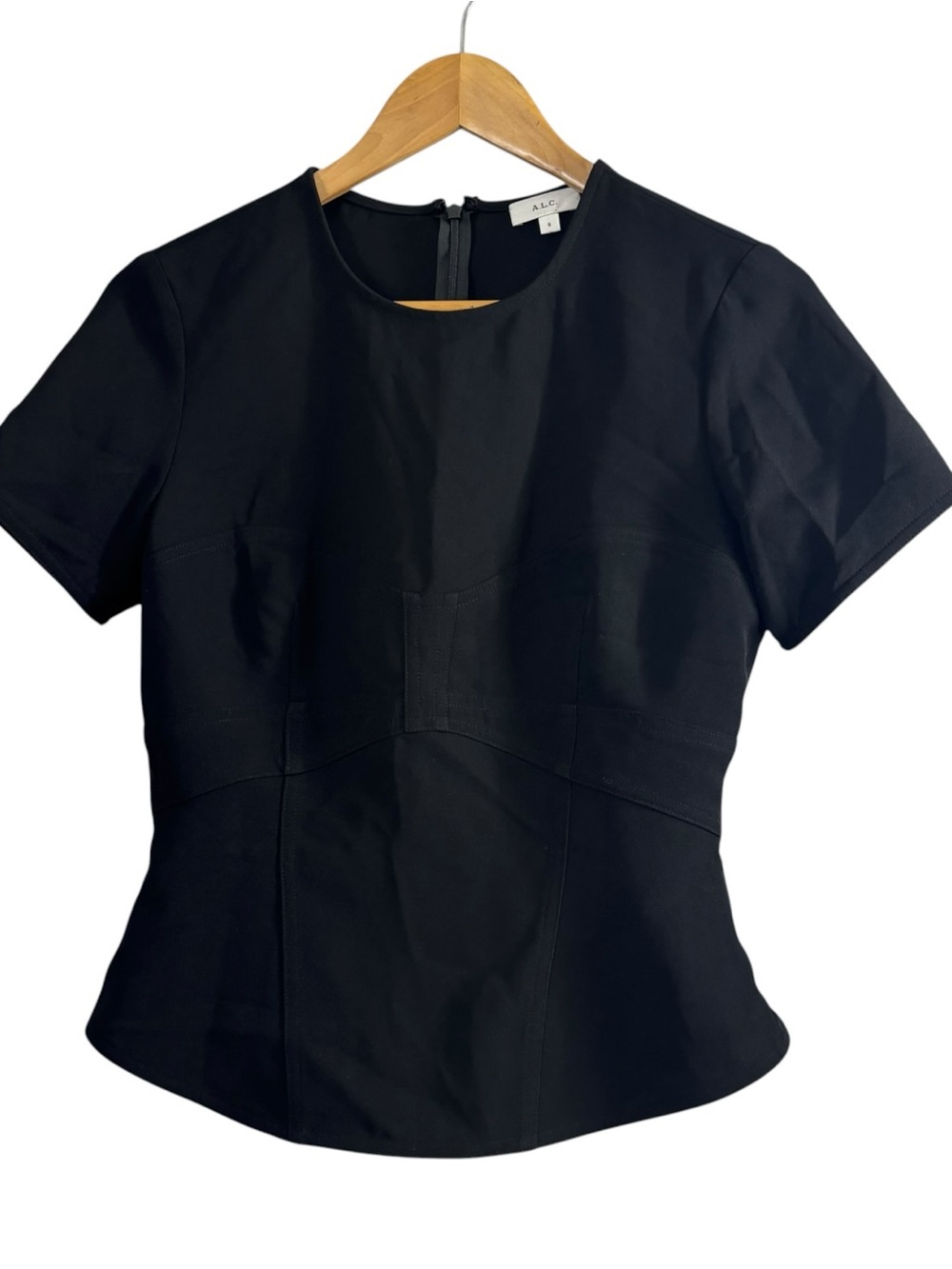 A.L.C. L Black Short Sleeve Corset Seam Blouse peplum top Women’s Size 8